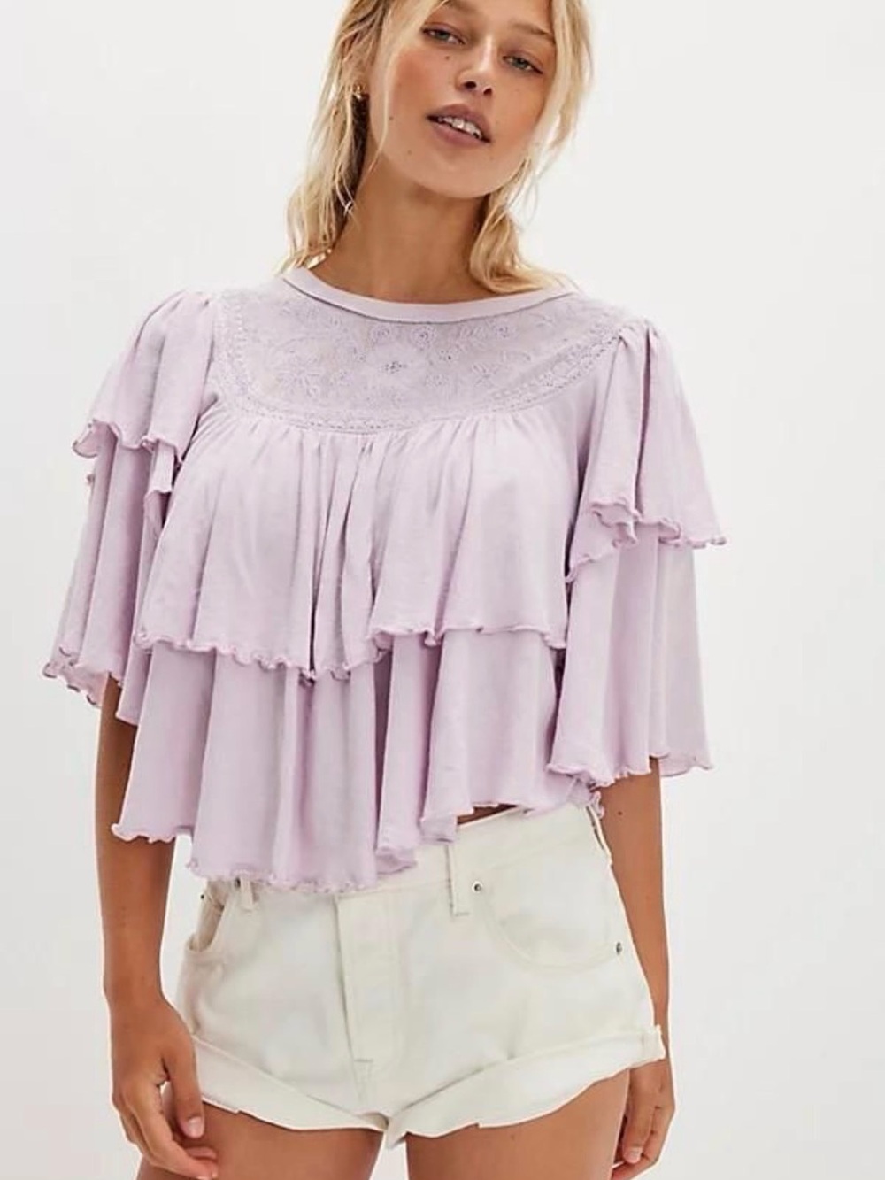Free People Lavender Tiered Ruffle Blouse